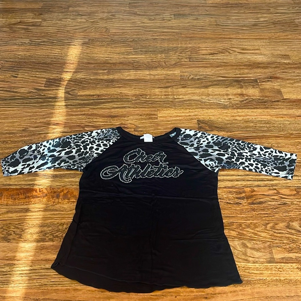 Black bedazzled cheer athletics quarter sleeve shirt w/ leopard print sleeves